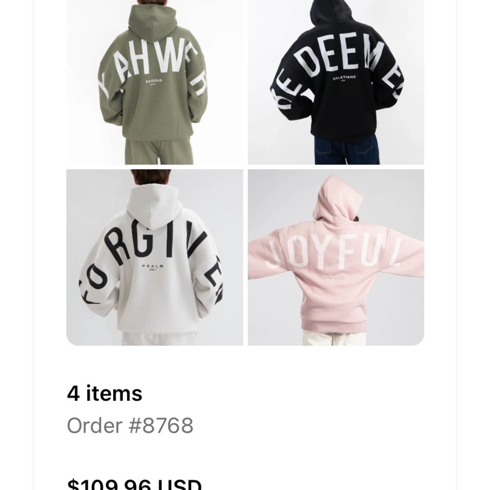 Women's Hoodies; 
Pink Joyful
Green YAHWEH 
White Forgiven
Black Redeemed